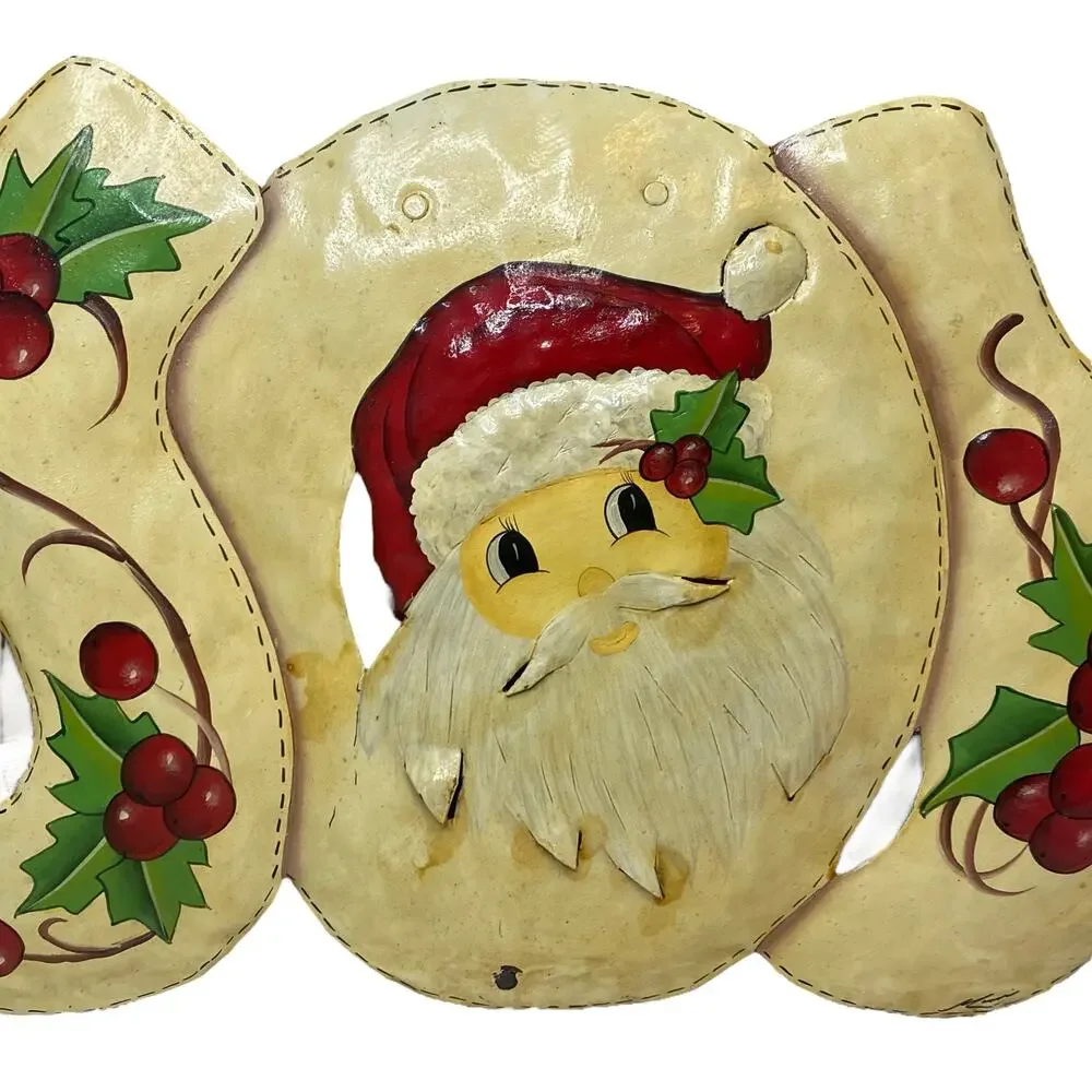 Vintage Christmas Cutout Metal Wall Art Decoration Joy Sign with Santa Face